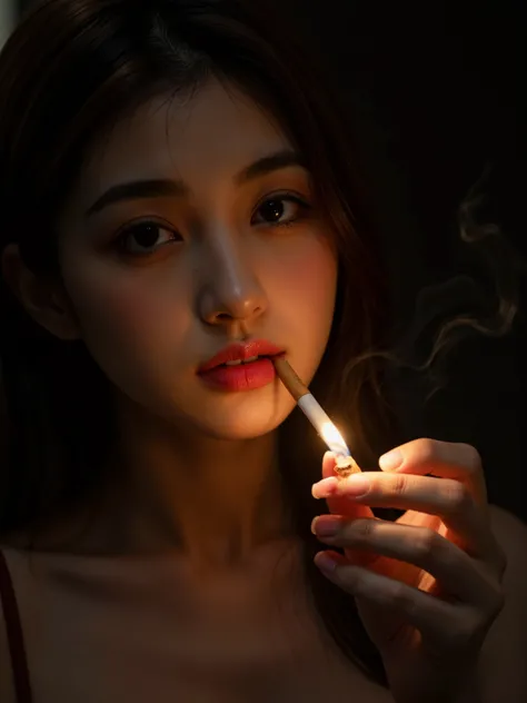 A close-up portrait of an Asian woman's face illuminated by the orange glow of flames dancing at her fingertips as she lights a cigarette held between her lips. Wisps of smoke rise from the cigarette tip against a dark, shadowy background. The woman's faci...