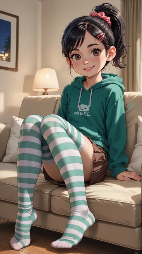 1 girl, VanellopevonS, 1girl, anime style, solo, black hair, hair ornament, hair scrunchie, green hoodie, hood down, brown skirt, striped thighhighs, (((no footwear))), feet, small girl, cute, solo, sit on sofa, reclined, close up, indoor, hotel, living ro...