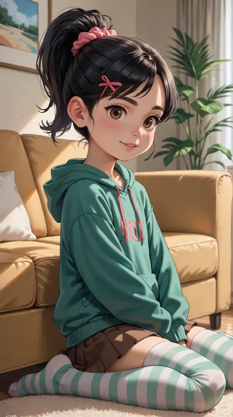 1 girl, VanellopevonS, 1girl, anime style, solo, black hair, hair ornament, hair scrunchie, green hoodie, hood down, brown skirt, striped thighhighs, (((no footwear))), small girl, cute, solo, sit on sofa, reclined, close up, indoor, hotel, living room, Mi...
