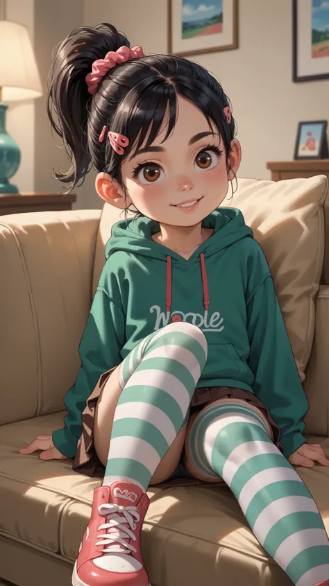 1 girl, VanellopevonS, 1girl, anime style, solo, black hair, hair ornament, hair scrunchie, green hoodie, hood down, brown skirt, striped thighhighs, small girl, cute, solo, sit, reclined, close up, indoor, hotel, living room, Miami, night