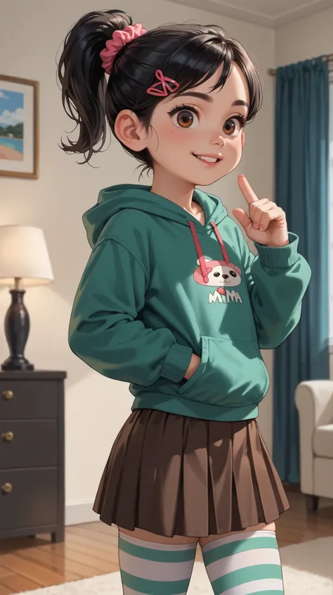 1 girl, VanellopevonS, 1girl, anime style, solo, black hair, hair ornament, hair scrunchie, green hoodie, hood down, brown skirt, striped thighhighs, small girl, cute, solo, standing, posing for photo, one hand up, close up, indoor, hotel, living room, Mia...
