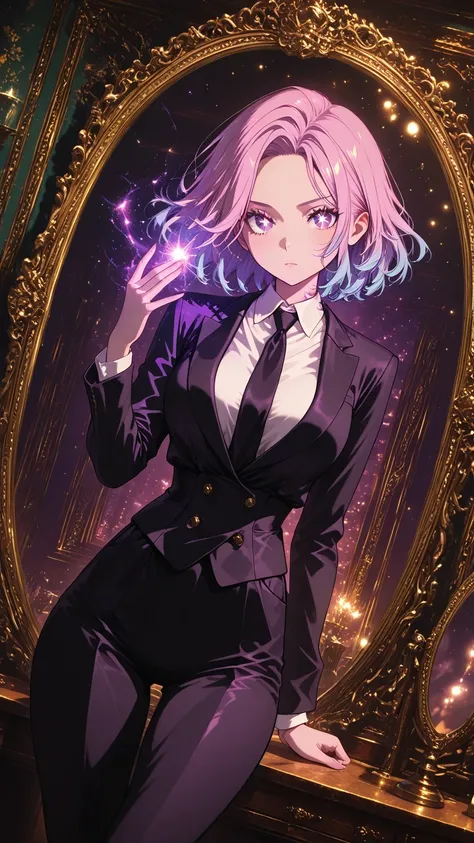 A young woman getting ready in front of a mirror , Women use magic , Using magic, she transforms from bedhead hair to a suit and tie style , kawaii , Envelop her body in magical, sparkling particles , Everyday world, casual atmosphere , sexy pose , 
break , 
( ambient occlusion:0.9 ) , masterpiece , best quality , ultra-detailed , high resolution , extremely detailed CG , unity 8k wallpaper , super detailed skin , perfect anatomy , detailed beautiful face , detailed beautiful eyes , highres , chiaroscuro , highly detailed background , elaborately designed clothes , cinematic lighting , dramatic angle , light particles , ARW , 