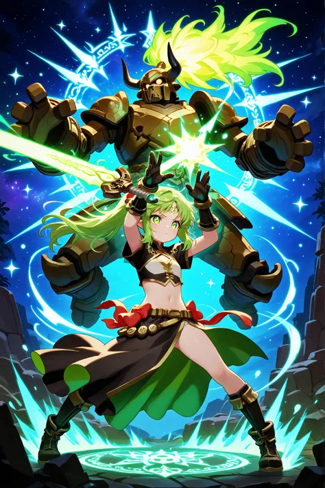 (qualidade superior:1.2), (ultra detalhado:1.1), ( epic fantasy :1.3), ((1girl)), ((powerful_mage:1.4)), ((magical_battle_outfit)), ((crop_top:1.2)), ((asymmetrical_skirt)), ((glowing_green_arcane_patterns:1.3)), ((floating_hair:1.2)), ((glowing_determined...