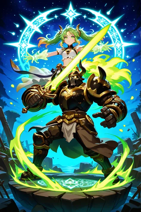 (qualidade superior:1.2), (ultra detalhado:1.1), ( epic fantasy :1.3), ((1girl)), ((powerful_mage:1.4)), ((magical_battle_outfit)), ((crop_top:1.2)), ((asymmetrical_skirt)), ((glowing_green_arcane_patterns:1.3)), ((floating_hair:1.2)), ((glowing_determined...