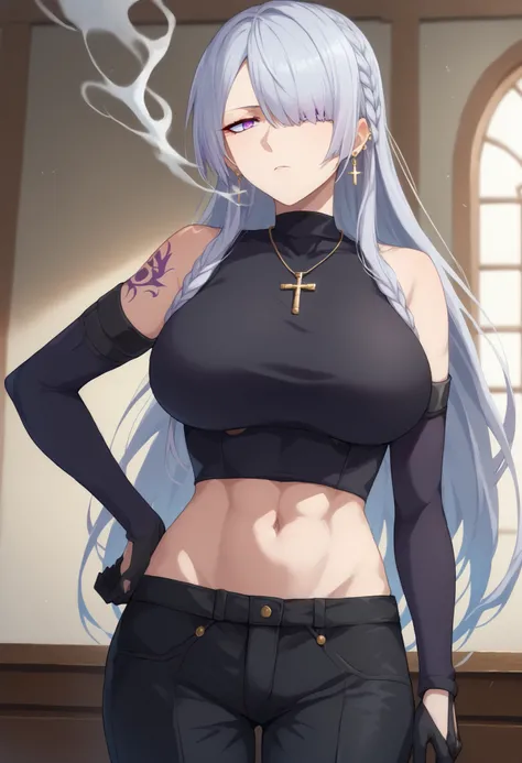 score_9,score_8_up,score_7_up,score_9,score_8_up,score_8,ultra detailed,beautiful face,highres BREAK ak-15,1girl,solo,long hair,large breasts,shirt,gloves,navel,bare shoulders,purple eyes,braid,grey hair,sleeveless,black gloves,elbow gloves,midriff,pants,h...