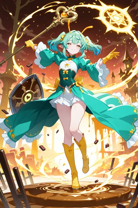 (qualidade superior:1.2), (ultra detalhado:1.1), ( CGI rendering :1.2), ((1girl)), ((slim_curvy_witch:1.4)), ((hourglass_figure:1.3)), ((light_purple_skin:1.2)), ((flowing_green_hair:1.3)), ((half_closed_eyes)), ((playful_smile)), ((elegant_green_corset_dr...