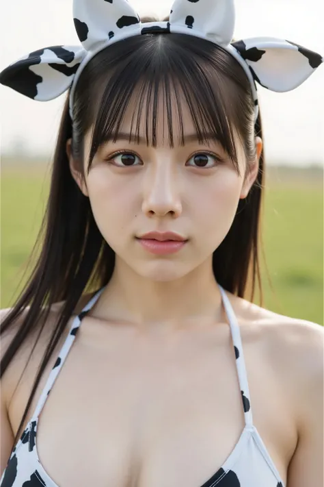 1_cosplay bikini_SsS+, white bikini and black and white, cow costume, Beautiful girl, one young girl, detailed face, realistic textured skin, perfect anatomy, perfect finger, very cute face, highly detailed eyes, highly detailed face, Fresh, very beautiful...