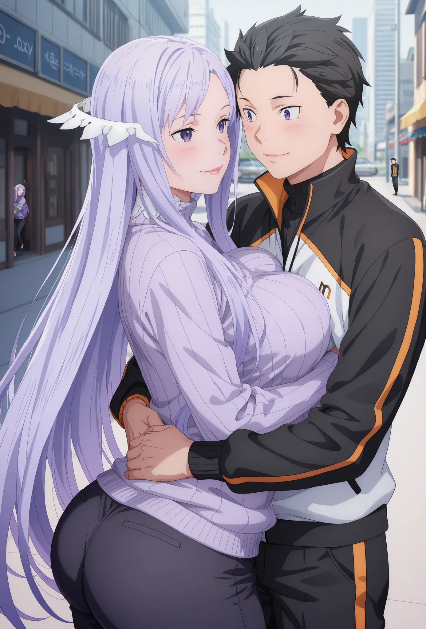 anime coloring, quinella, 1girl, (couple), Mature Female, long hair, light purple hair, purple eyes, hug breasts, big butt, ((black turtleneck sweater, black pants,)), smile, Lips, view detailed body, (((Sexy,))) ((turtleneck sweater, black pants,)), 1boy ...