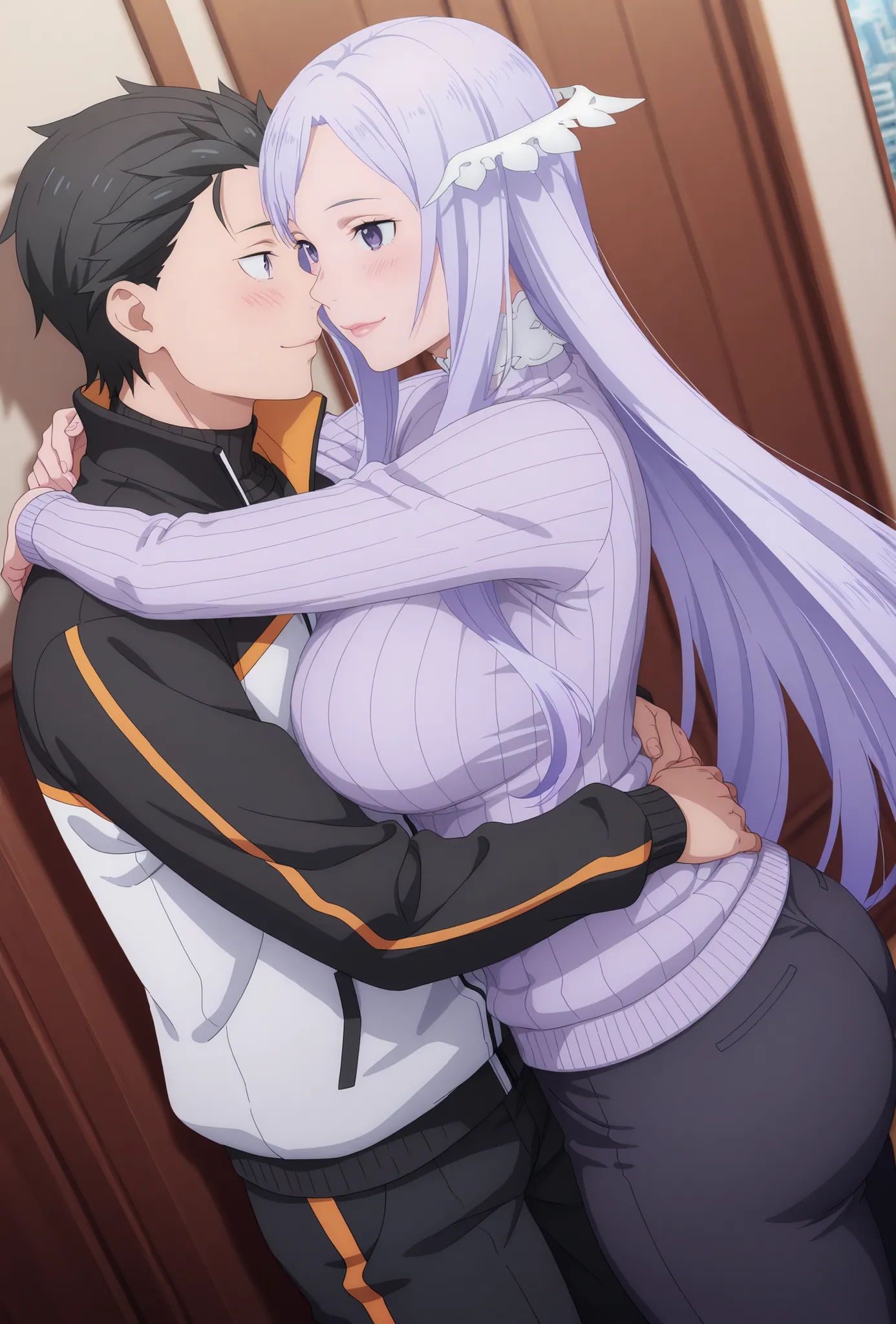 anime coloring, quinella, 1girl, (couple), Mature Female, long hair, light purple hair, purple eyes, hug breasts, big butt, ((black turtleneck sweater, black pants,)), smile, Lips, view detailed body, (((Sexy,))) ((turtleneck sweater, black pants,)), 1boy ...