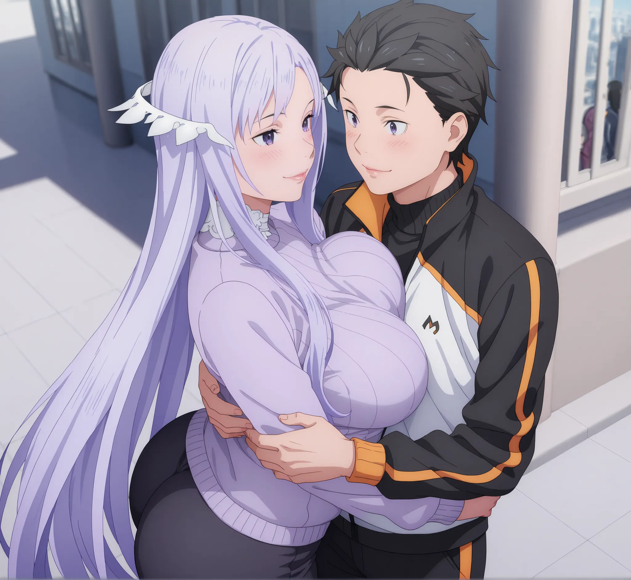anime coloring, quinella, 1girl, (couple), Mature Female, long hair, light purple hair, purple eyes, hug breasts, big butt, ((black turtleneck, black pants,)), smile, Lips, view detailed body, (((Sexy,))) ((turtleneck sweater, black pants,)), 1boy , natsuk...