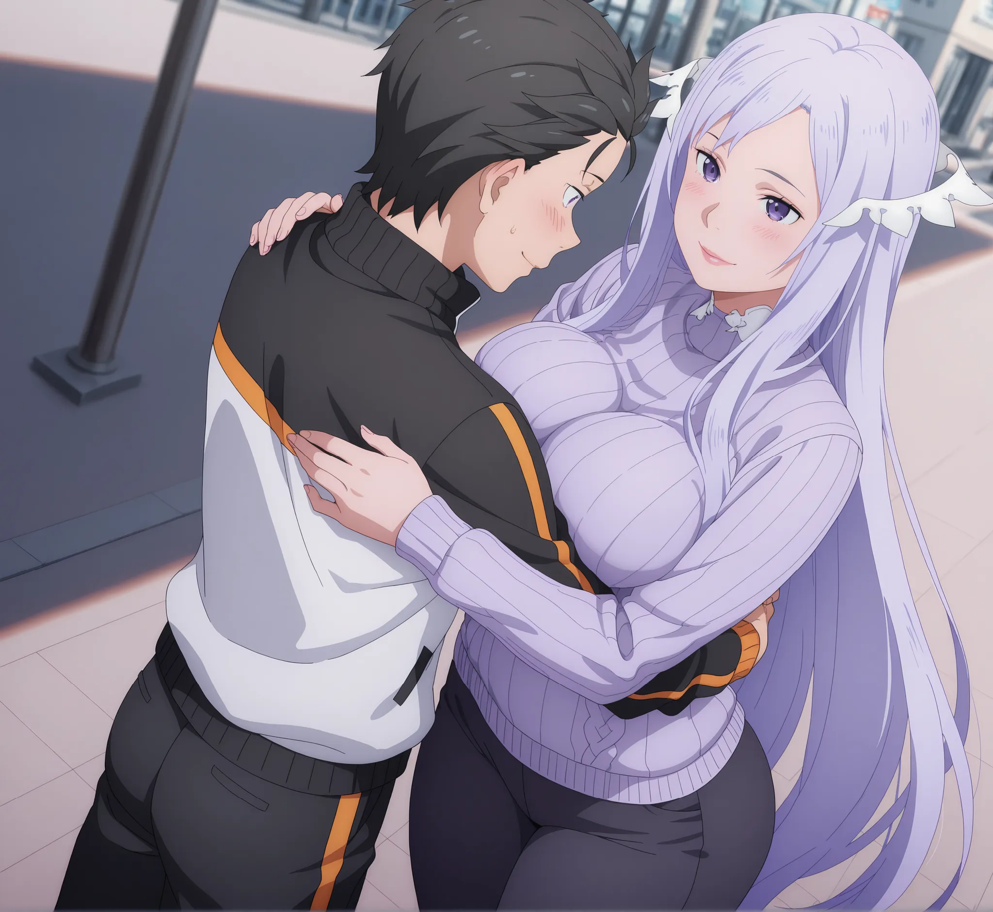 anime coloring, quinella, 1girl, (couple), Mature Female, long hair, light purple hair, purple eyes, hug breasts, big butt, ((black turtleneck, black pants,)), smile, Lips, view detailed body, (((Sexy,))) ((turtleneck sweater, black pants,)), 1boy , natsuk...