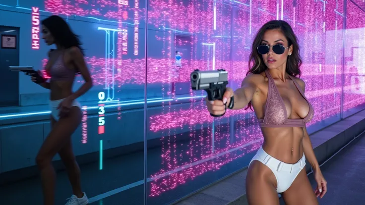 (Wide and low angle view). Hollywood full action poster: mysterious large-breast:1.1 woman in (sexy claret transparent short (club dress), white micro panty, Matrix style data sunglasses), slim face, (detailed face), slim body, side boob, ((aiming viewer w...