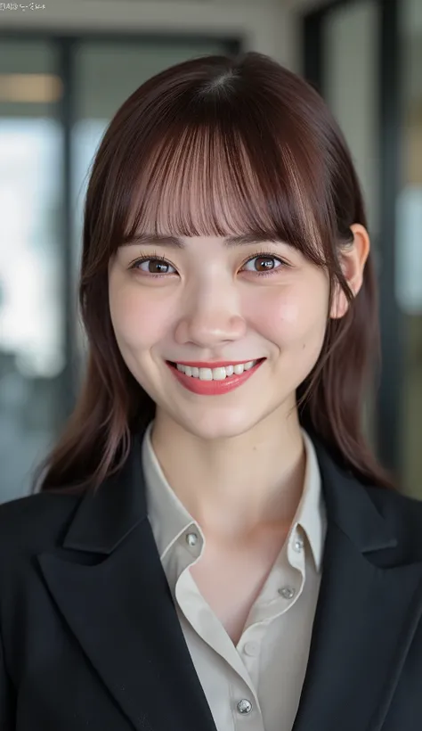 Neat Young Woman、and look at the camera、office lady suit、jacket、shirt、necklace、、ear piercing、、、Has bangs、smile showing teeth、Bust Up Shot、background is office
