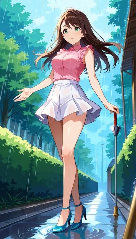 ((( pink sleeveless shirt ))),(((white skirt))),((long hair)),rain,(((Medium Breasts))),brown hair,Ulchan -6500-v1.1, (RAW pictures:1.2), BEAUTIFUL DETAILS, Very Detailedな目,Beautiful Eyes,beautiful eyes,GREEN EYES,file size is large, high res, Very Detaile...