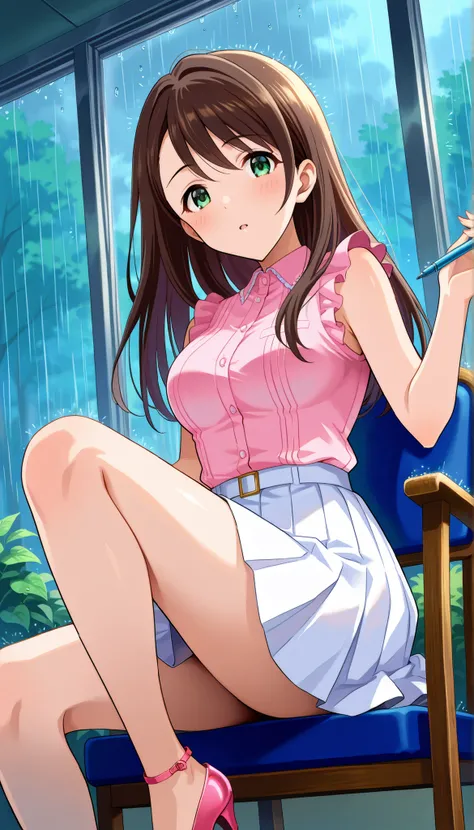 ((( pink sleeveless shirt ))),(((white skirt))),((long hair)),rain,(((Medium Breasts))),brown hair,Ulchan -6500-v1.1, (RAW pictures:1.2), BEAUTIFUL DETAILS, Very Detailedな目,Beautiful Eyes,beautiful eyes,GREEN EYES,file size is large, high res, Very Detaile...