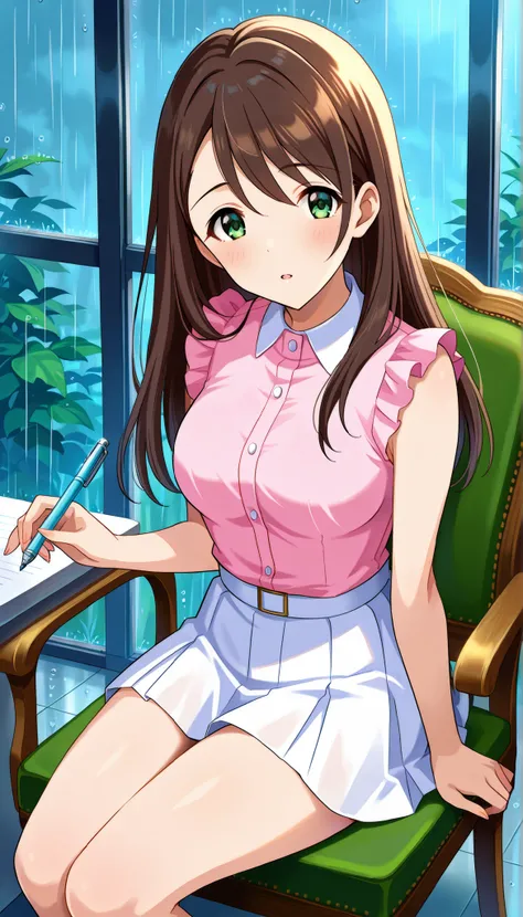Honami Nishikawa,((( pink sleeveless shirt ))),(((white skirt))),((long hair)),rain,(((Medium Breasts))),brown hair,Ulchan -6500-v1.1, (RAW pictures:1.2), BEAUTIFUL DETAILS, Very Detailedな目,Beautiful Eyes,beautiful eyes,GREEN EYES,file size is large, high ...