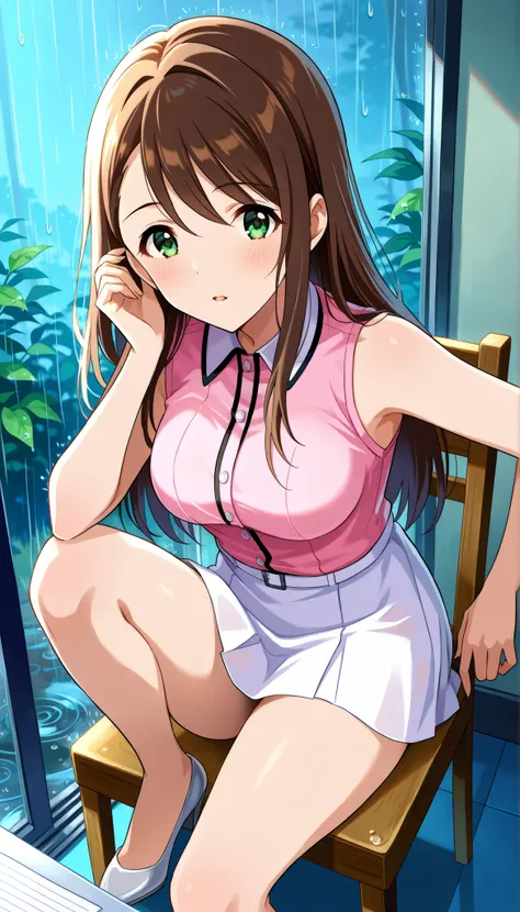 Honami Nishikawa,((( pink sleeveless shirt ))),(((white skirt))),((long hair)),rain,(((Medium Breasts))),brown hair,Ulchan -6500-v1.1, (RAW pictures:1.2), BEAUTIFUL DETAILS, Very Detailedな目,Beautiful Eyes,beautiful eyes,GREEN EYES,file size is large, high ...