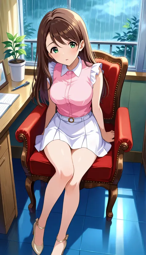 Honami Nishikawa,((( pink sleeveless shirt ))),(((white skirt))),((long hair)),rain,(((Medium Breasts))),brown hair,Ulchan -6500-v1.1, (RAW pictures:1.2), BEAUTIFUL DETAILS, Very Detailedな目,Beautiful Eyes,beautiful eyes,GREEN EYES,file size is large, high ...