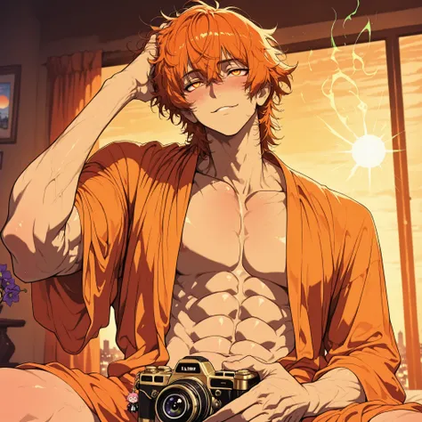 Anime style. Handsome, tall male character with a massive, chiseled body build, radiating a seductive aura. He has short, messy hair that adds to his wild, charismatic charm. He is posed seductively—leaning slightly forward with intense confidence, one han...