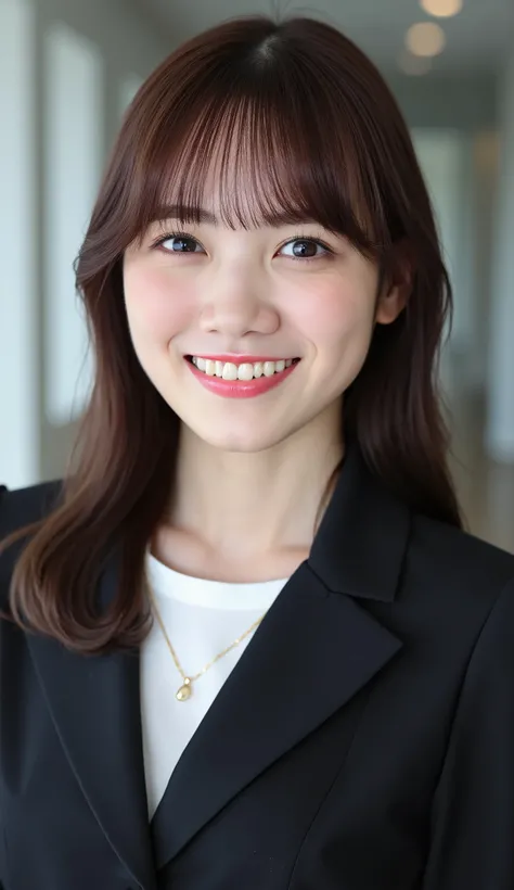 Neat Young Woman、and look at the camera、office lady suit、jacket、shirt、necklace、、ear piercing、黒髪、、、Has bangs、smile showing teeth、Bust Up Shot、background is office
