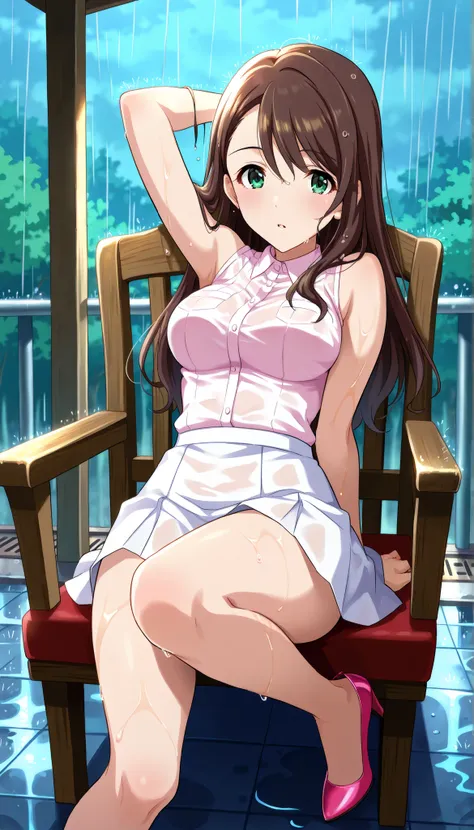 Honami Nishikawa,(((thin pink sleeveless shirt))),(((white skirt))),((long hair)),rain,Outdoors,Wet Body,arm up pose,(((Medium Breasts))),brown hair,Ulchan -6500-v1.1, (RAW pictures:1.2), BEAUTIFUL DETAILS, Very Detailedな目,Beautiful Eyes,beautiful eyes,GRE...