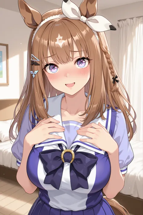 {{{masterpiece}}}, {{{best quality}}}, {{ultra-detailed}}, (detailed skin texture) , solo, almond eye (umamusume), short sleeve school uniform, white line on the middle of school uniform, dark blue skirt, beautiful breast, blush, cute smile, embarrassed,op...