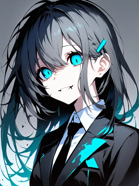 A person with long, flowing dark gray hair enhanced inside a turquoise gradient The hair features a small, distinctive blue accessory shaped like a device clipped near the ear. The individual is dressed in broken black suit, a tight black slacks and white ...