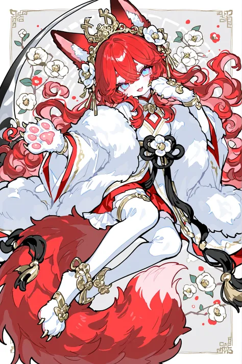 (Canine paws,xxx667_illu, paws pads, metacarpal paws pads,claws, detailed paws, [color] paws,)The kitsune girl, the red-haired fiery furry fox.  She has peach-white skin, Asian features, and slanted, half-lidded blue eyes. She has an oriental make-up, her ...