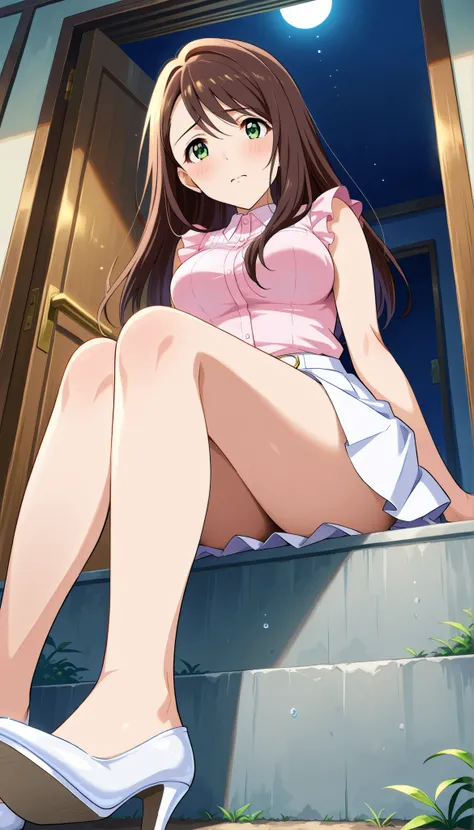 Honami Nishikawa,(((thin pink sleeveless shirt))),(((white skirt))),((long hair)),(((Medium Breasts))),((low angle)),ashamed,entrance,brown hair,Ulchan -6500-v1.1, (RAW pictures:1.2), BEAUTIFUL DETAILS, Very Detailedな目,Beautiful Eyes,beautiful eyes,GREEN E...