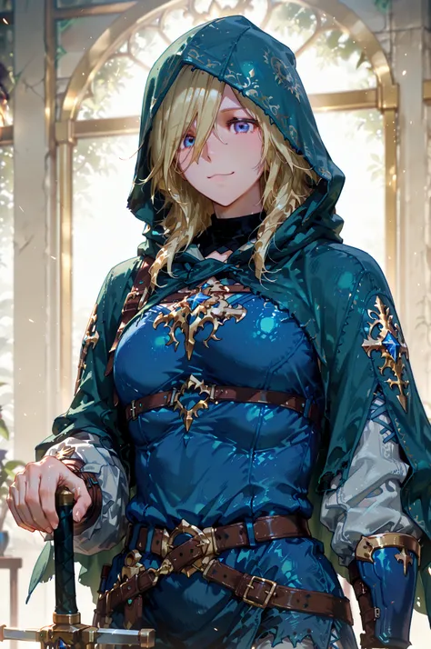 Solo; 1 Shokolade, jormugand Shokolade, athletic toned body, wears a blue armored hooded cloak that drapes over a rugged tunic, giving off a medieval or fantasy vibe, straps and belts wrap around the chest and waist, securing a sword at their side. The che...