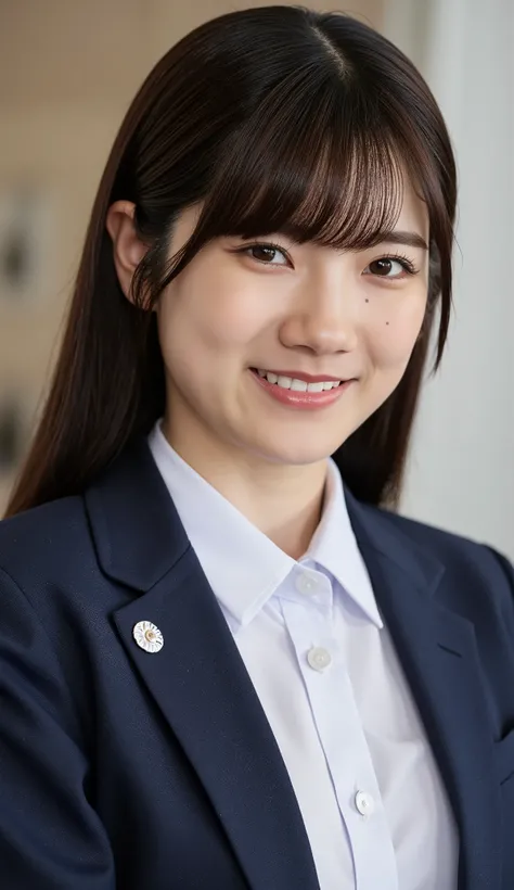 Neat Young Woman、and look at the camera、office lady suit、jacket、shirt、necklace、、ear piercing、、Has bangs、smile showing teeth、Bust Up Shot、background is office
