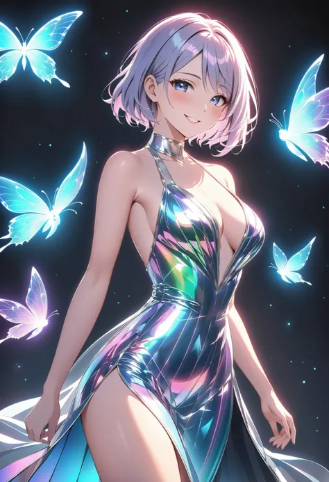 (masterpiece), (best quality), Dolshy in [elegant holographic dress], [mysterious smile], [gentle voidlight glow], {sophisticated ambiance}, , //mature beauty//, 