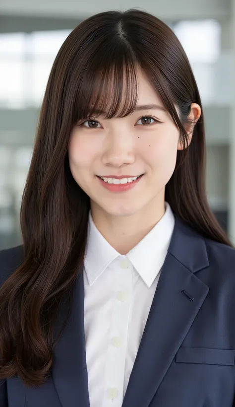 Neat Young Woman、and look at the camera、office lady suit、jacket、shirt、necklace、、ear piercing、薄い茶髪、、Has bangs、smile showing teeth、Bust Up Shot、background is office
