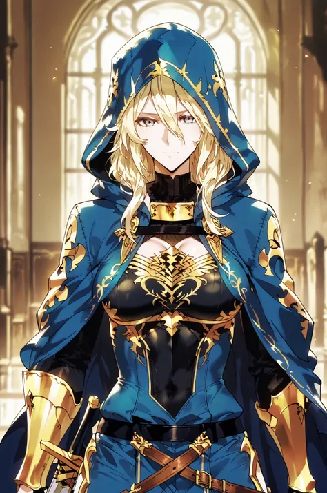 Solo; 1 Shokolade, jormugand Shokolade, athletic toned body, wears a blue armored hooded cloak that drapes over a rugged tunic, giving off a medieval or fantasy vibe, straps and belts wrap around the chest and waist, securing a sword at their side. The che...