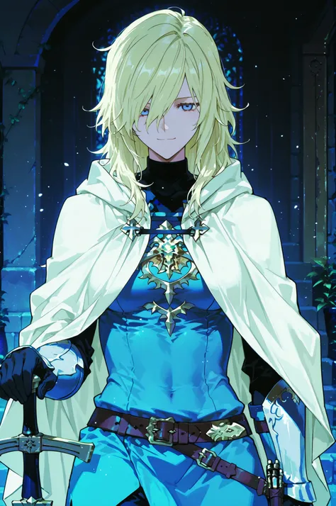 Solo; 1 Shokolade, jormugand Shokolade, athletic toned body, wears a blue armored hooded cloak that drapes over a rugged tunic, giving off a medieval or fantasy vibe, straps and belts wrap around the chest and waist, securing a sword at their side. The che...