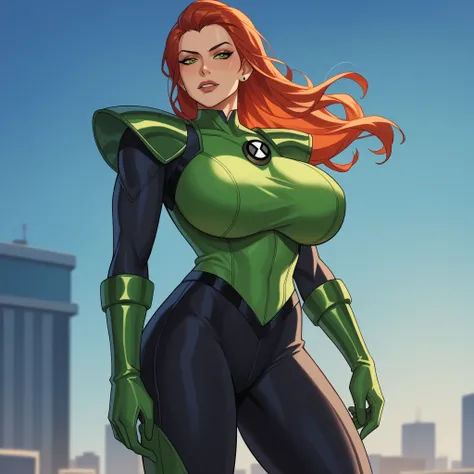 masterpiece、high quality、high image quality、detailed face, (masterpiece), (perfect-all), perfect eyes, maxima, 1girl, red hair, green eyes, long hair, elbow gloves, bodysuit, green suit, black pants,multicolored hair, superhero suit, armor, ben10, hyper br...