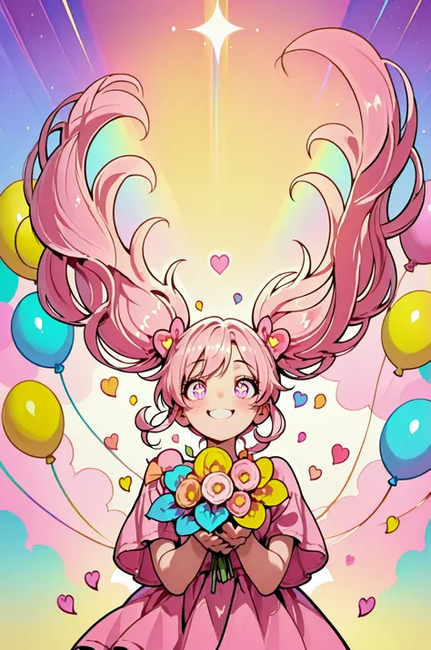 top quality, masterpiece, Ultimate Details, energetic girl, twin tails, Pink Dress, hearts with both hands, popping smiles, Sparkling Eyes, holding a bouquet, colorful balloons, pop background, fluttering petals,  rainbow-colored light from heaven ,  the twinkling of the stars , bright expression, Words of thanks , Adorable gestures
