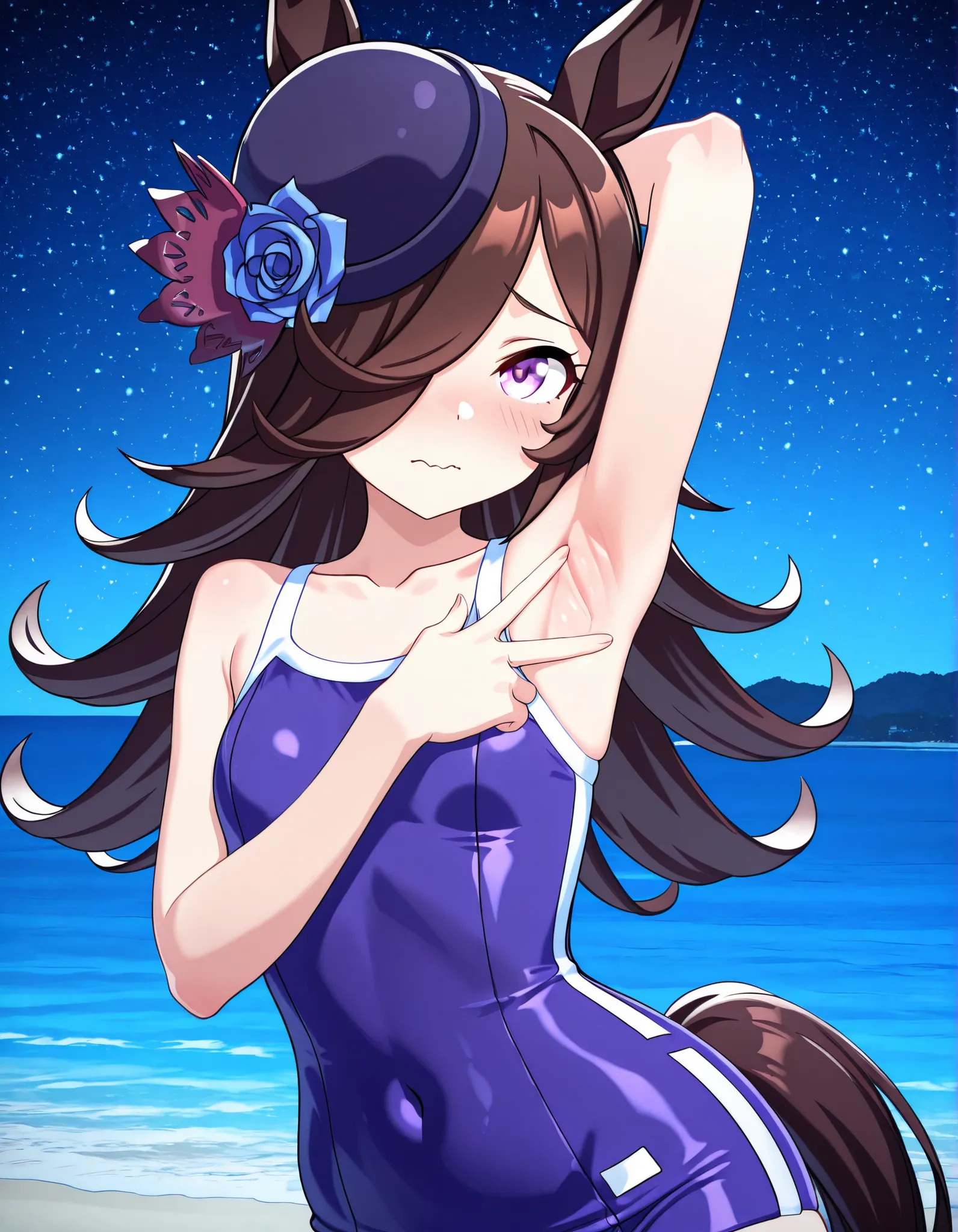 ddrice, animal ears, horse tail, purple eyes, brown hair, hair over one eye, blue headwear, hat flower, tilted headwear, tracen swimsuit, competition school swimsuit, single vertical stripe, 3d, high quality, solo, upper body, (contrapposto), <lora:spread-...