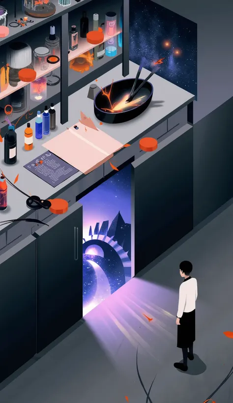 场scene设计，” the magic in the ordinary”，The secret drawer under the cashier in a super magical space has strong blue light leading directly to the Earth's core，The rotating light staircase，
，A faded quill pen inside、but a faded quill，and even a wax seal with...