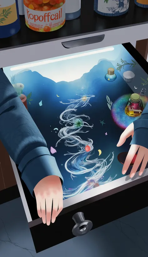 场scene设计，” the magic in the ordinary”，The secret drawer under the cashier in a super magical space has strong blue light leading directly to the Earth's core，The rotating light staircase，
，A faded quill pen inside、but a faded quill，and even a wax seal with...