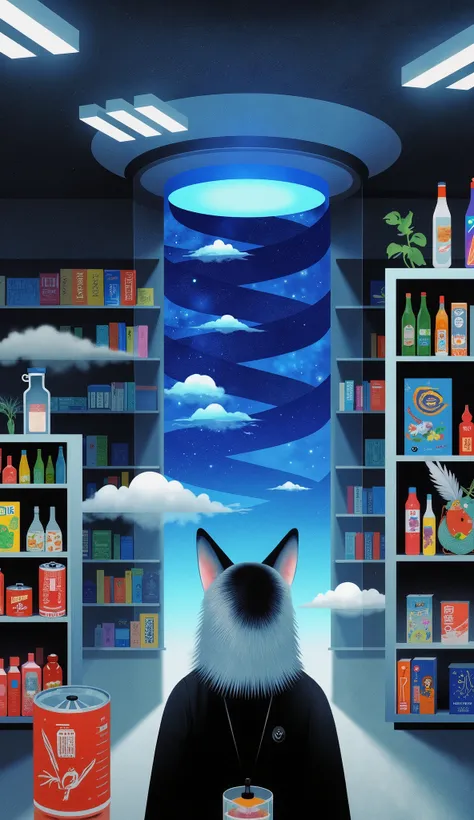 场scene设计，” the magic in the ordinary”，A secret drawer under the cash register in a super magical space，A strong blue light leads directly to the core of the earth，The rotating light staircase，
，with magically faded quill and a glass bottle filled with myst...