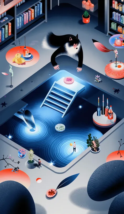  scene design，“Magic Convenience Store”， scene design，The secret drawer under the cashier in a super magical space has strong blue light leading directly to the Earth's core，The rotating light staircase， opens the wooden drawer with a “spare straw” printed...