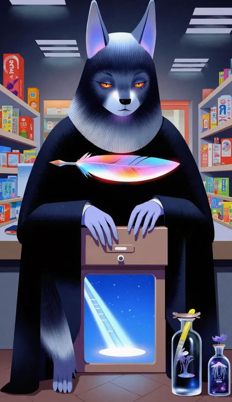 场scene设计，” the magic in the ordinary”，A secret drawer under the cash register in a super magical space，A strong blue light leads directly to the core of the earth，The rotating light staircase，
，A faded feather pen with magical light and a glass bottle fill...