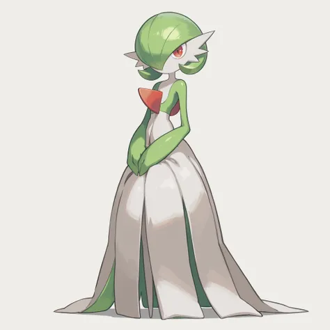 masterpiece, ultra-HD, impressionism, high detail, best quality, very aesthetic, 8k, best quality, beautiful, Gardevoir, 1girl, solo, white skin, green hair, short hair, red eyes, white dress, pokemon (creature), green sleeves, slim, serious, cute, hands o...