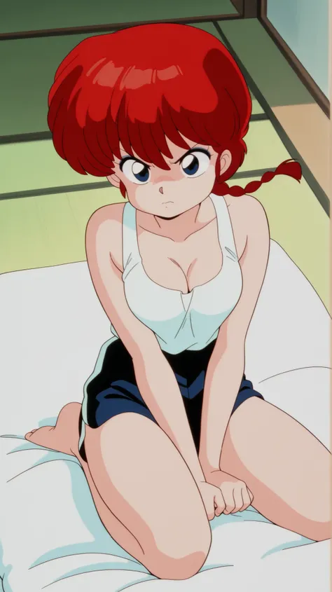 masterpiece , best quality , newest , absurdres , highres , detailed eyes , beautiful , detailed background , perfect eyes , anime coloring , retro artstyle , 1990s \(style\) , 1girl, solo, ranma-chan, red hair, long hair, single braid, blue eyes, medium b...