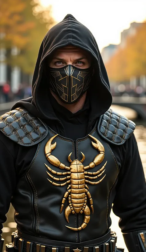 Tom Hardy with Scorpion by mk appears in a realistic version, with a black and golden yellow costume in textured fabric and segmented armor. The mask covers only his stylized metallic mouth covers his face with sharp and symmetrical lines. The hood and sti...