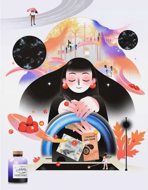  scene design，” the magic in the ordinary”， scene design，” the magic in the ordinary”，The secret drawer under the cashier in a super magical space has strong blue light leading directly to the Earth's core，The rotating light staircase， opens the wooden dra...