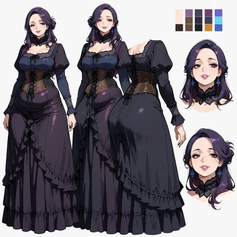 Masterpiece, best quality, character design sheet, ((mature goth woman)), clean lineart, multiple angles, goth makeup, loose hairstyle, hazel eyes, long hair, dark violet hair, plump curvy figure, color palette swatches, animation-ready style, eye smile, v...