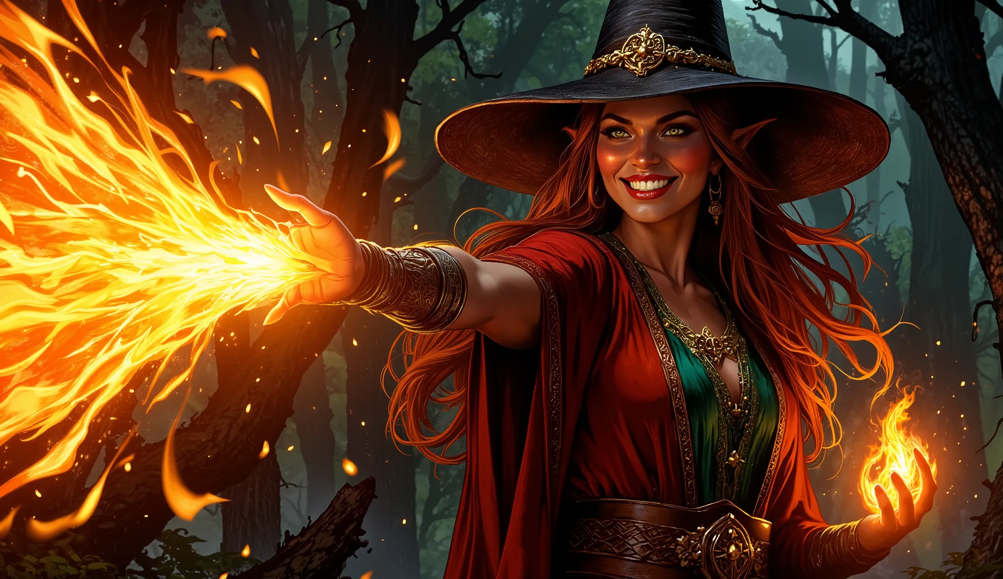 A powerful, elven mage woman, approximately 30 years old, with striking features and olive skin, expels vibrant orange flames in a concentrated cone from her outstretched hand.  Her wide, crazed grin reveals sharp teeth, her eyes gleaming with manic satisf...