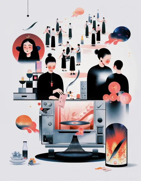  scene design，（（Female Clerk at Magical Convenience Store）），The secret drawer under the cashier in a super magical space has strong blue light leading directly to the Earth's core，The rotating light staircase， opens the wooden drawer with a “spare straw” p...